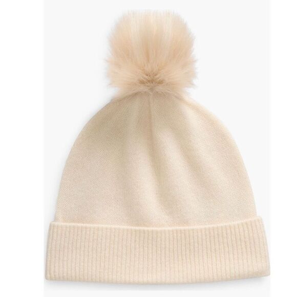 Nordstrom Faux Fur Cashmere Pompom Beanie, Pink, 100% Ivory Cream, NWT - Picture 1 of 10